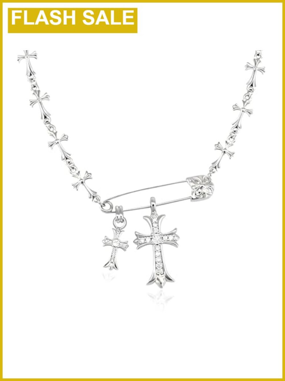 Safety Pin CZ Cross Pendant Necklace Titanium Adjustable